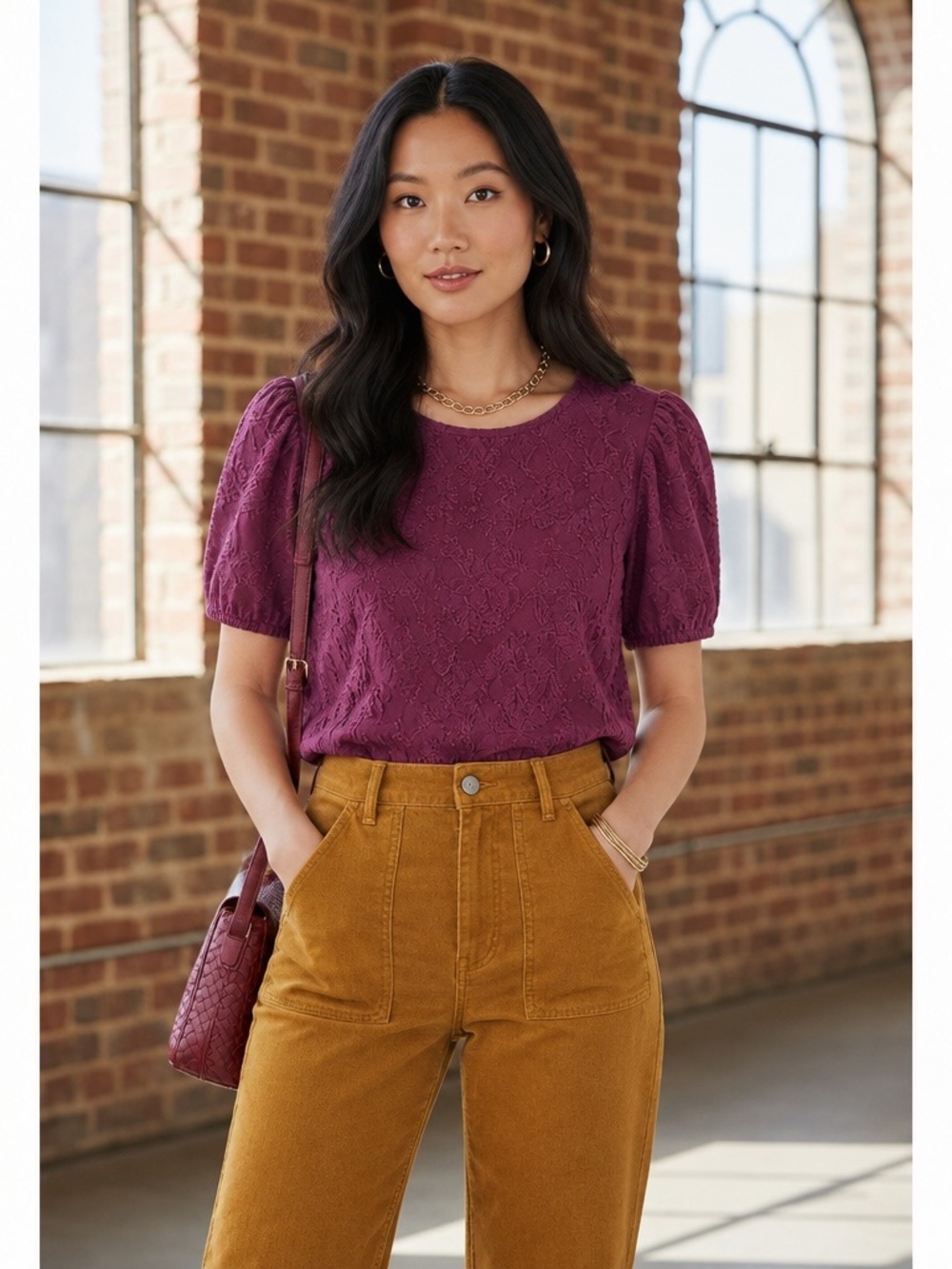 Anthropologie Vanessa & Virginia Cabarnet Embroidered Sleeve Blouse M